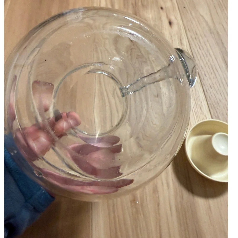 Vintage Hand Blown Glass Juice Pitcher Clear Off White Plastic Lid MCM Style